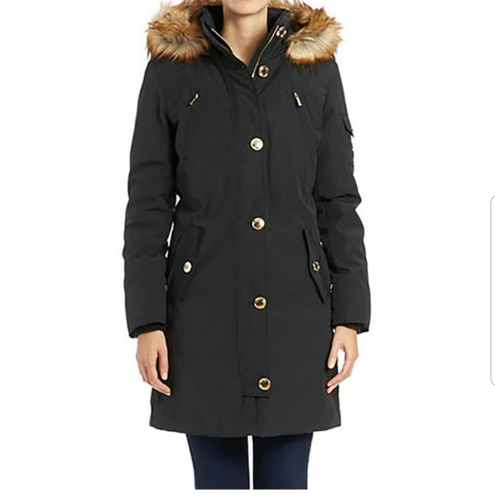 Michael Kors Black Parka Coat  with Faux Fur Trim